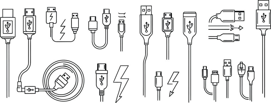 Various usb connector types and adapters in a minimalist black and white line art style