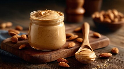 A jar of nut butter with nuts on a wooden table. This delicious spread is perfect for breakfast, lunch, or snack time. This image evokes feelings of home cooking.