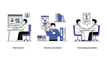 HR Recruitment Process Icons Set. Talent Search, Candidate Selection, and Interviewing Stages