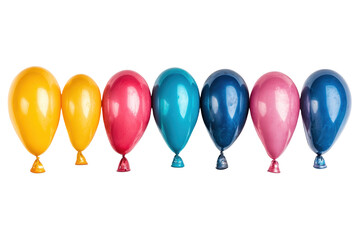 Seven balloons in yellow, red, teal, and blue colors arranged in a horizontal row with a transparent background perfect for graphic design use