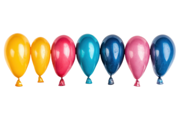 Seven balloons in yellow, red, teal, and blue colors arranged in a horizontal row with a transparent background perfect for graphic design use