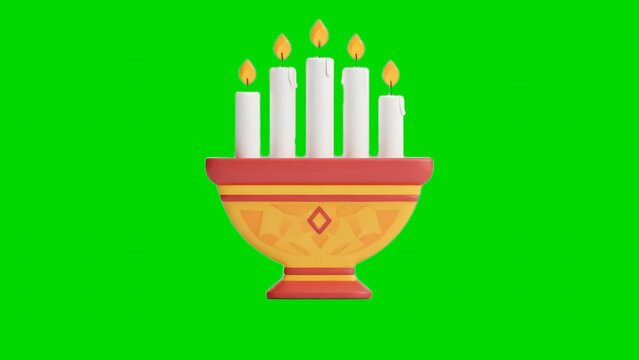 hanukkah menorah with candles: Kinara of Kwanzaa | Stylized 3D render, geometric Kinara icon with five candles (Mishumaa Saba), green background