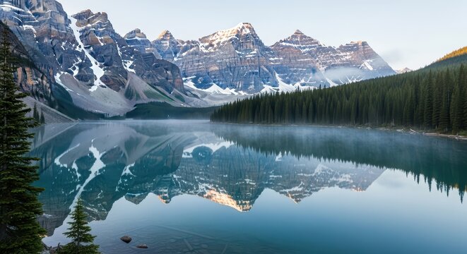 Serene morning at moraine lake with reflections of rocky mountains and pine forests