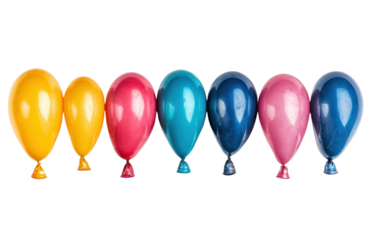 Seven balloons in yellow, red, teal, and blue colors arranged in a horizontal row with a transparent background perfect for graphic design use