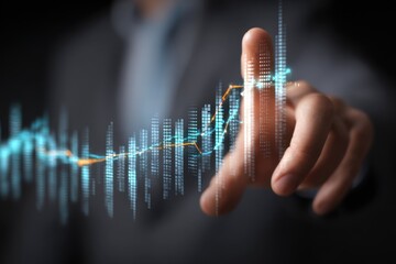 Businessman interacting with a virtual chart to analyze market trends and make informed decisions in modern office environment