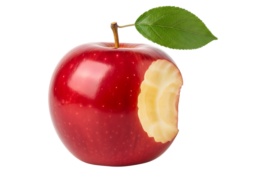 Red apple with a bite isolated on transparent background, a healthy and tasty fruit