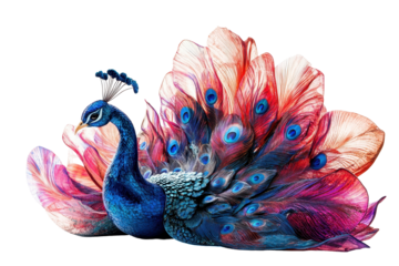 Beautiful peacock with colorful feathers isolated on white, detailed design for microstock, vibrant illustration of elegant Indian peafowl