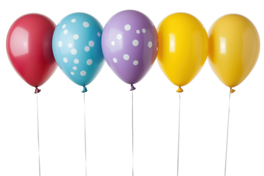 Seven balloons in yellow, red, teal, and blue colors arranged in a horizontal row with a transparent background perfect for graphic design use - Powered by Adobe