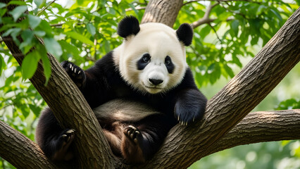 Fototapeta premium Close- Up of a Giant Panda Relaxing on a Tree Branch with Green Leaves bear animal