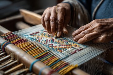 Hands skillfully weaving colorful fabric on a wooden loom during an artisan craft session in a cozy workshop