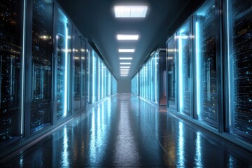 Modern server room features advanced technology with rows of servers lit by LED lights, showcasing a clean and organized design ideal for data storage and management