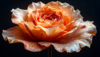 Close-up of a peach-toned rose with ruffled petals, against a dark background, emphasizing its delicate texture
