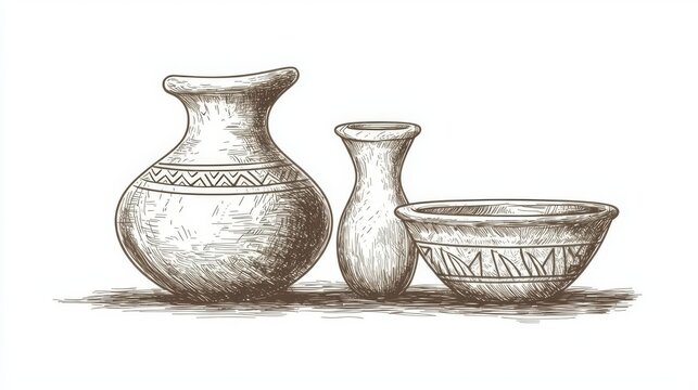 A collection of three traditional ceramic pottery pieces showcasing intricate designs and craftsmanship.