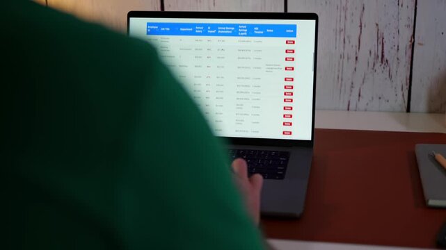 Middle Aged Human Resources Worker Runs Through AI Job Impact Analysis to Calculate Role Effectiveness for Layoffs and to Replace Positions Concept