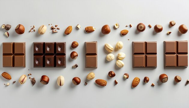 チョコレートとナッツが織りなす素材構成  
Arrangement of chocolate bars and assorted nuts on light surface

