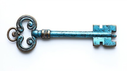 An antique blue key with intricate designs showcases elegance and history, perfect for vintage-themed collections.