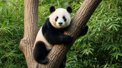 Obraz premium Close-up of a Giant Panda Bear Resting on Tree Limbs in a Sunlit Bamboo Grove animal wildlife