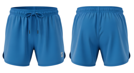 Blue athletic shorts front and back view isolated on transparent background
