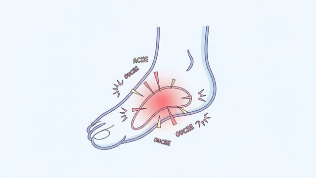 Illustration of a foot experiencing pain in the arch area with ache and ouche text around it