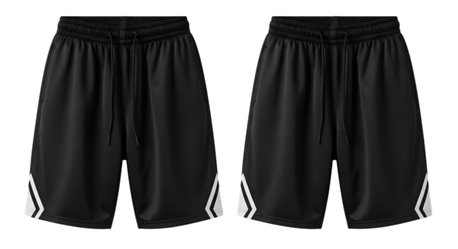Black athletic shorts with white stripes isolated on transparent background - Powered by Adobe