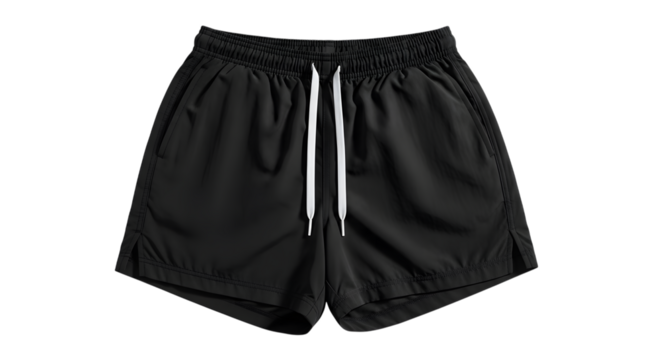 Black athletic shorts with white drawstring isolated on transparent background