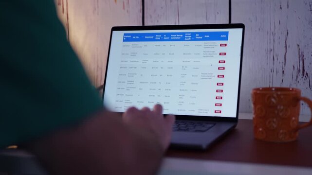 Middle Aged Human Resources Worker Runs Through AI Job Impact Analysis to Calculate Role Effectiveness for Layoffs and to Replace Positions Concept