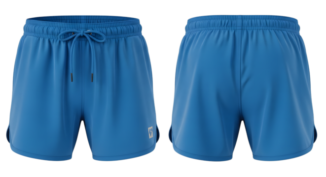 Blue athletic shorts front and back view isolated on transparent background