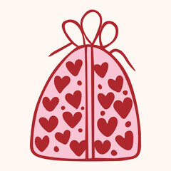 High-quality, hand-drawn illustration of a decorative gift bag or box with an all-over heart pattern, tied with a delicate bow. This cute, aesthetic doodle is perfect for feminine, romantic, love.