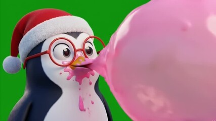 Seamless Looping Animation of a Cute 3D Penguin Character in Santa Hat Blowing Pink Bubblegum on Green Screen.