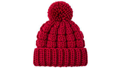 Red knitted winter hat with pom pom isolated on transparent background