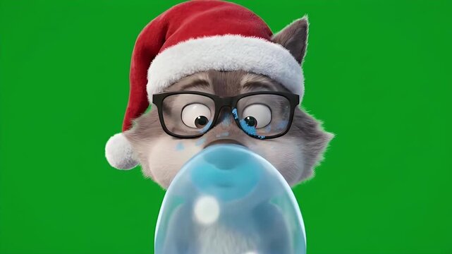 Funny 3D Animated Wolf Character with Glasses and Santa Hat Blowing Bubble Gum That Pops Messily on Green Screen.