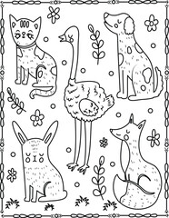 Cute Animal Friends Coloring Page For Kids And Adults.