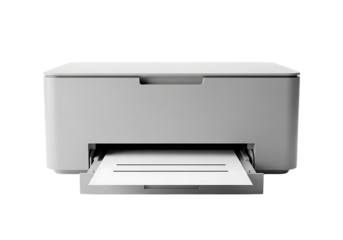 Front view of a modern white printer isolated on transparent background