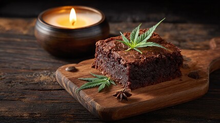 Indulge in a delectable treat! A luscious chocolate brownie adorned with a fresh green leaf, presented on rustic wood with a candle glow. Sweet treat with a botanical touch.
