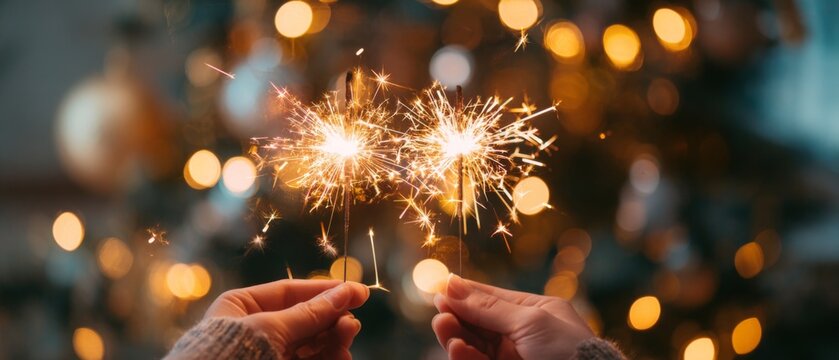 Hands holding sparkling fireworks with warm festive bokeh lights for holiday and celebration