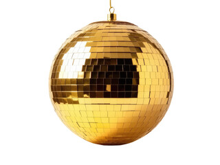 A shiny gold disco ball hangs from a chain