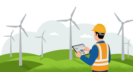 Wind Turbine Engineer Using Tablet