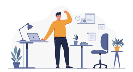 Man celebrates work success in home office