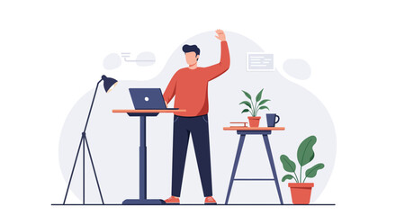 Man Working on Laptop at Adjustable Standing Desk