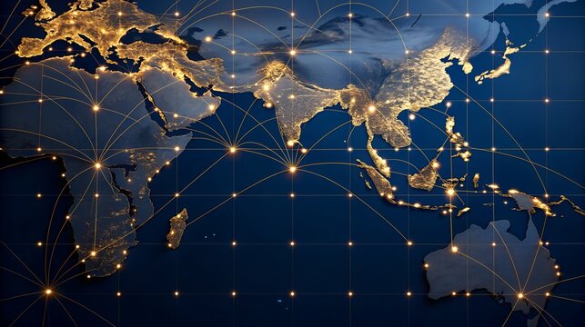 Global network connecting continents at night with city lights
