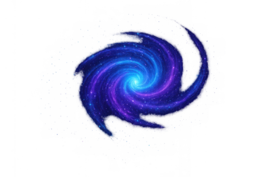 Swirling cosmic galaxy vortex with blue and purple nebula dust and sparkling stars, abstract space element on transparent background