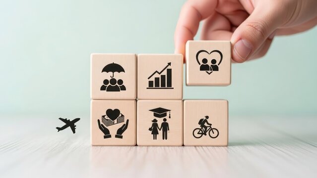 Hand arranging wooden blocks with icons depicting life goals and insurance