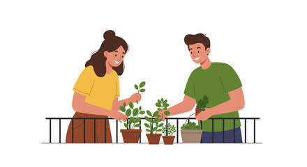 People Planting Plant in Pot on Balcony