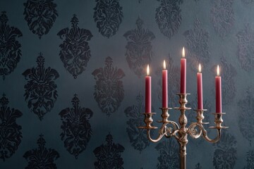 Fototapeta premium Elegant Victorian gothic room featuring rich velvet wallpaper with deep shades, adorned by a classic candelabra holding red candles, creating a moody and atmospheric ambiance