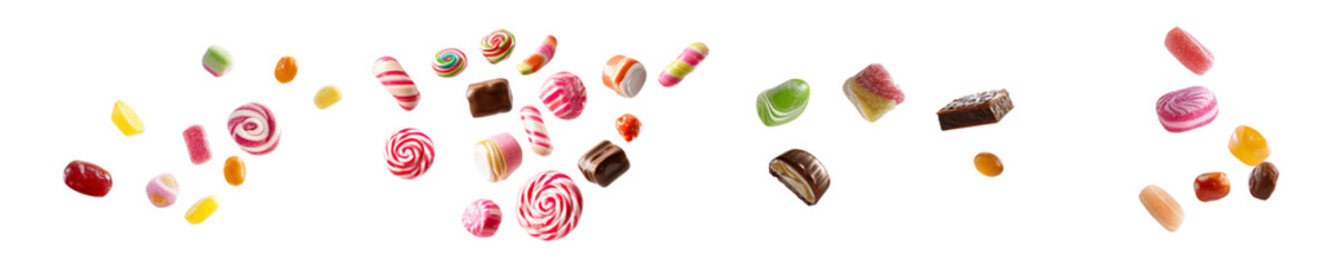 Obraz premium Mixed colorful hard candies, gummies, and chocolate sweets isolated on transparent background