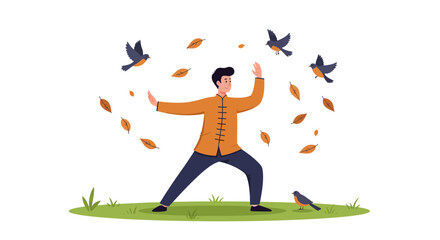 Man Practicing Tai Chi with Birds and Autumn Leaves