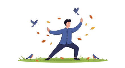 Man doing Tai Chi in park with birds and leaves