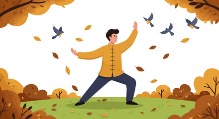 Man Practicing Tai Chi in Autumn Nature Scene