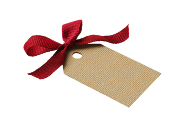 Tan burlap tag with a red ribbon bow isolated on white background in high quality transparency for microstock