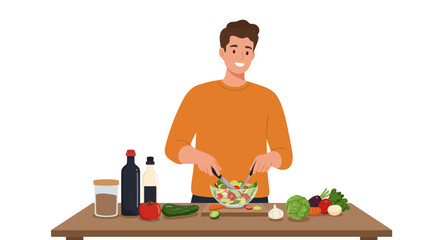 Man cutting salad in kitchen